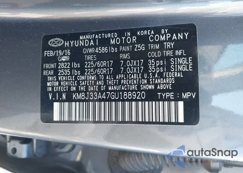 2016 Hyundai Tucson Se z USA, uszkodzony, nr VIN KM8J33A47GU188920